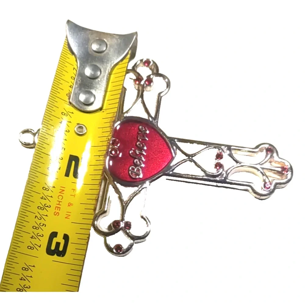 Harvey Lewis Believe Religious Cross Pendant Red Rhinestone Enamel Silver Tone
